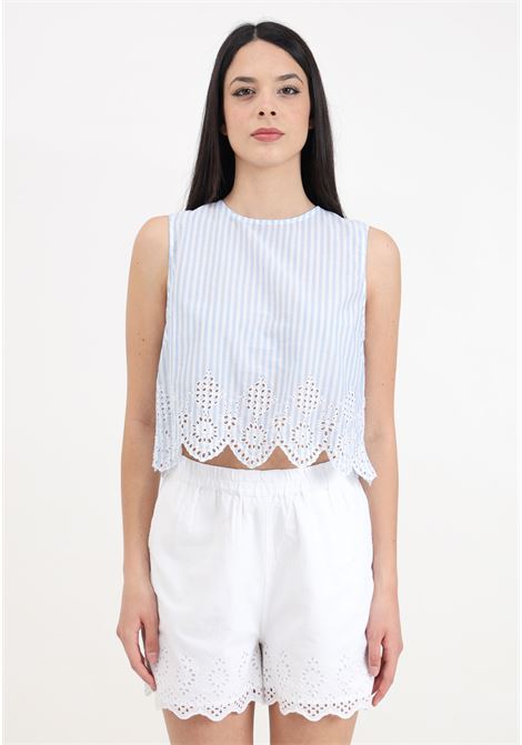 Light blue women's blouse with striped pattern and lace on the bottom ONLY | 15321220Bright White